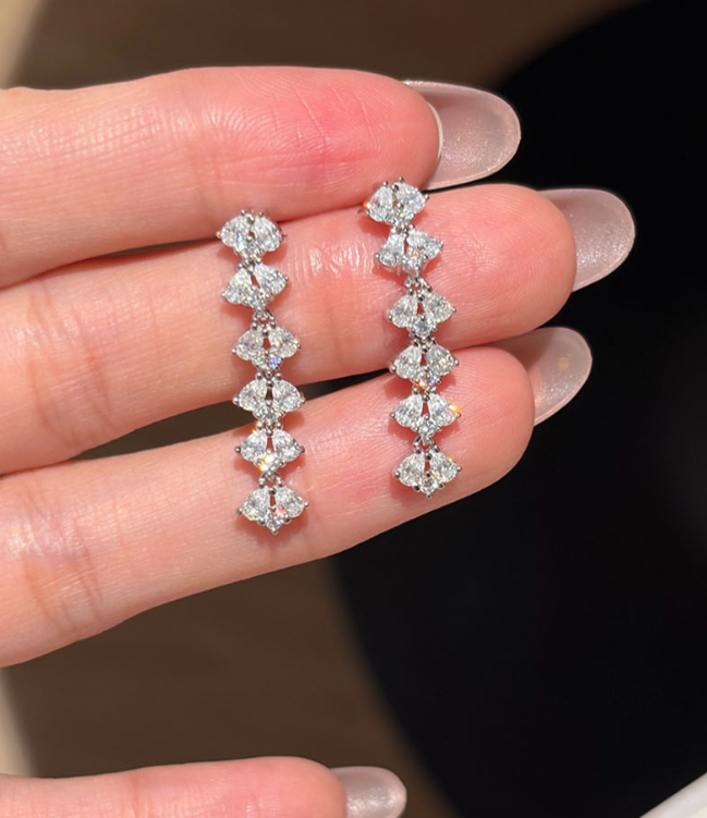 Niche Design Long Tassel Moissanite 925 Sterling Silver Dangle Stud Earrings