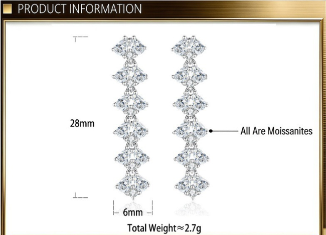 Niche Design Long Tassel Moissanite 925 Sterling Silver Dangle Stud Earrings