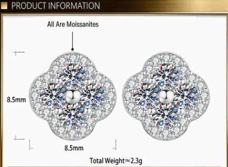 Sweet Lucky Clover Moissanite S925 Sterling Silver Stud Earrings