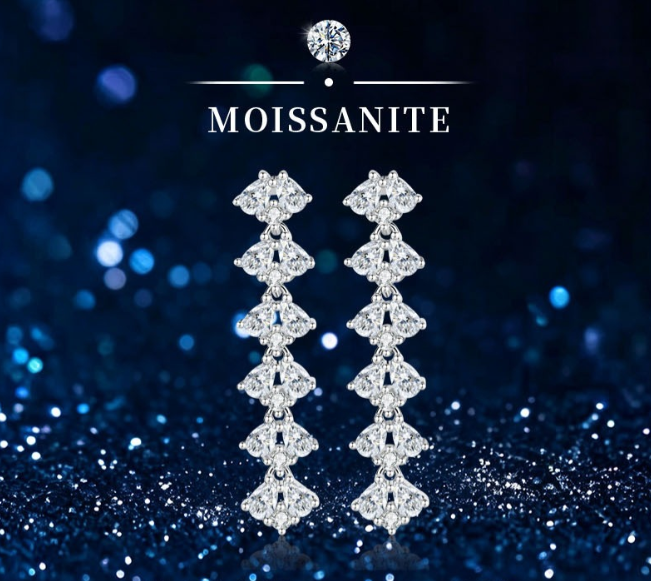 Niche Design Long Tassel Moissanite 925 Sterling Silver Dangle Stud Earrings